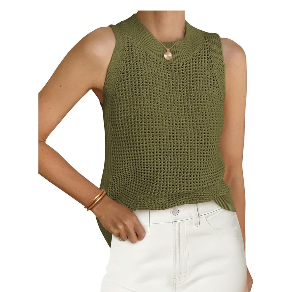 Open Knit Sweater Tank XL Olive Sleeveless Mock Neck Viscose Top